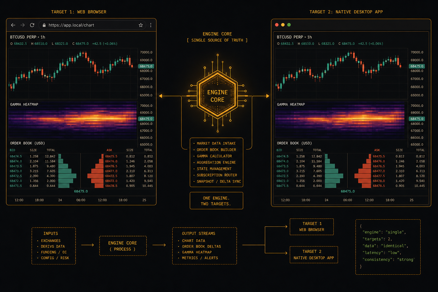 One engine, two front-ends: a browser window and a native desktop window drawing the identical candlestick-plus-heatmap chart from a single shared engine core