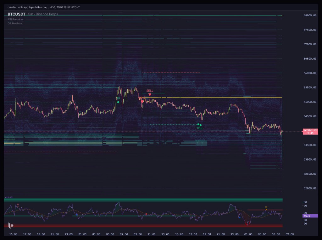 BTCUSDT kline chart with a real-time orderbook depth heatmap behind the candles, resting-liquidity bands mapped by price over time, plus an RSI Premium subplot