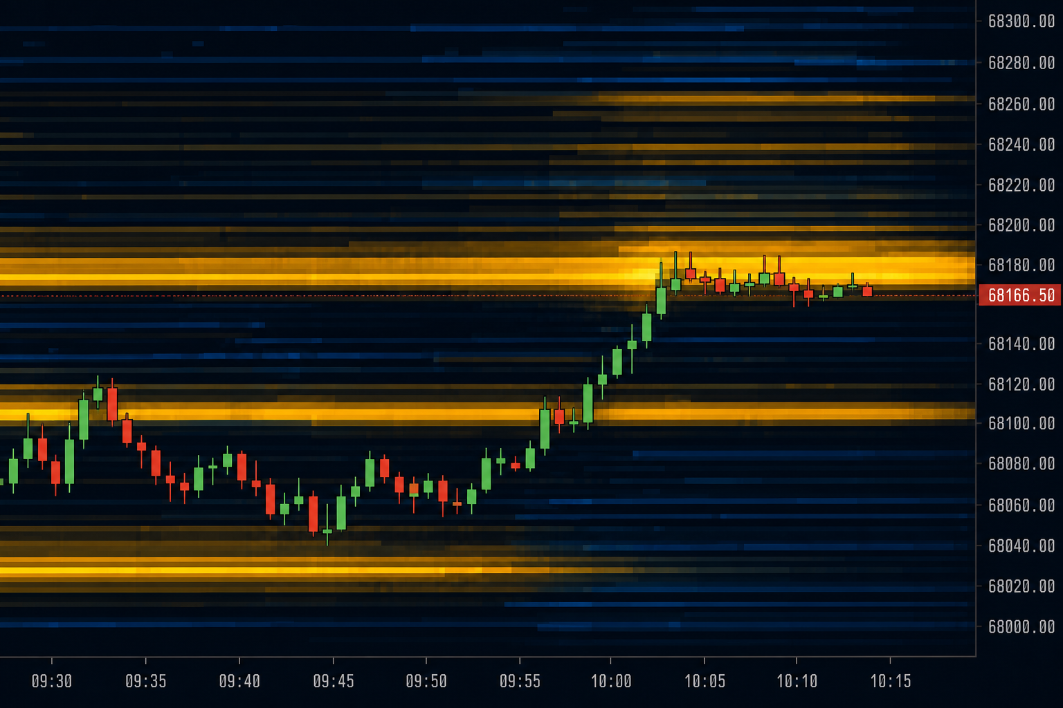Close-up of an orderbook depth heatmap behind candlesticks: bright amber bands mark large resting liquidity walls, deep blue marks thin liquidity, candles pressing into a wall