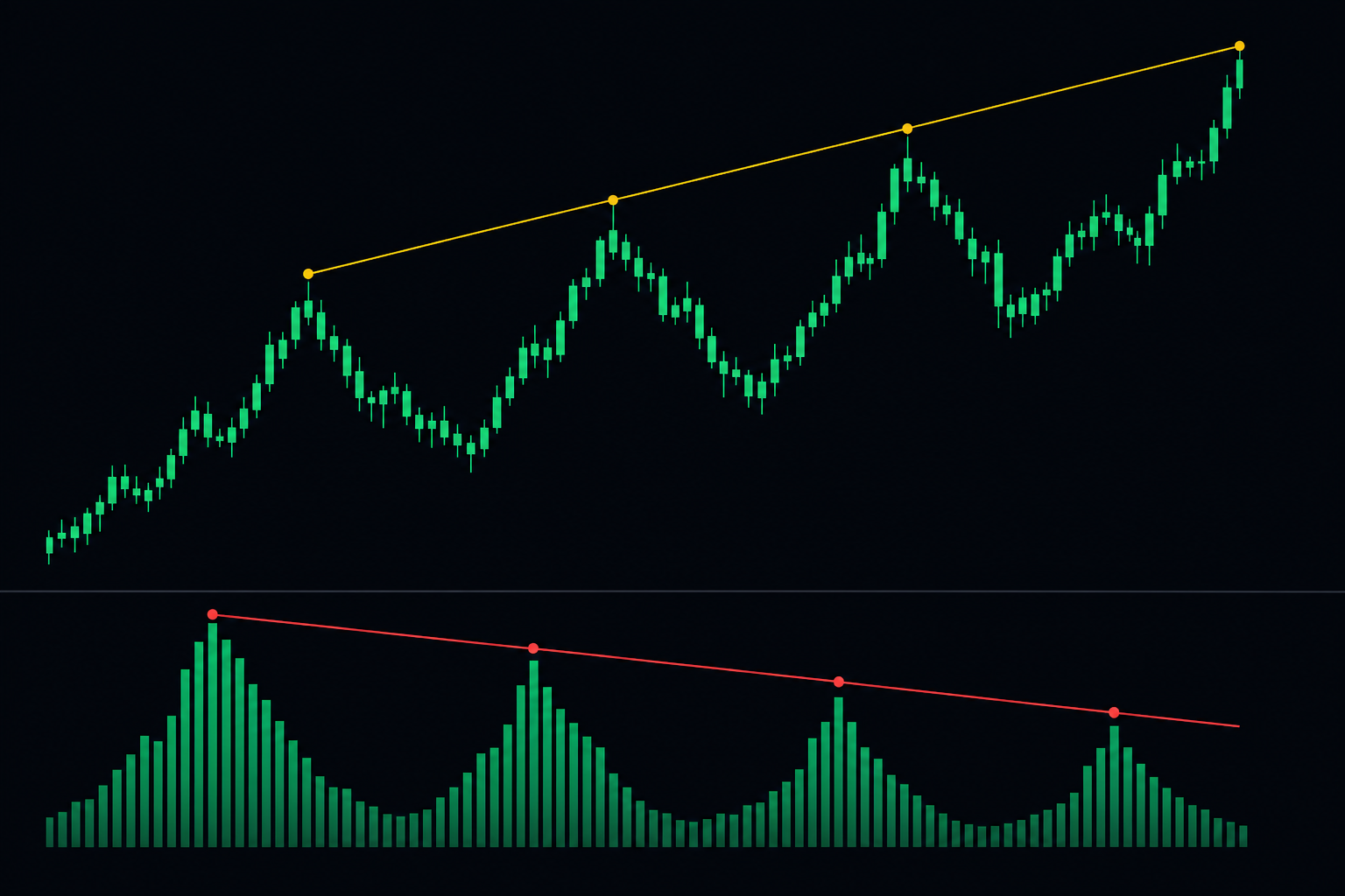 Open Interest divergence: price makes higher highs while the OI change columns make lower highs, with trend lines drawn on each, signalling draining conviction and rising pullback risk