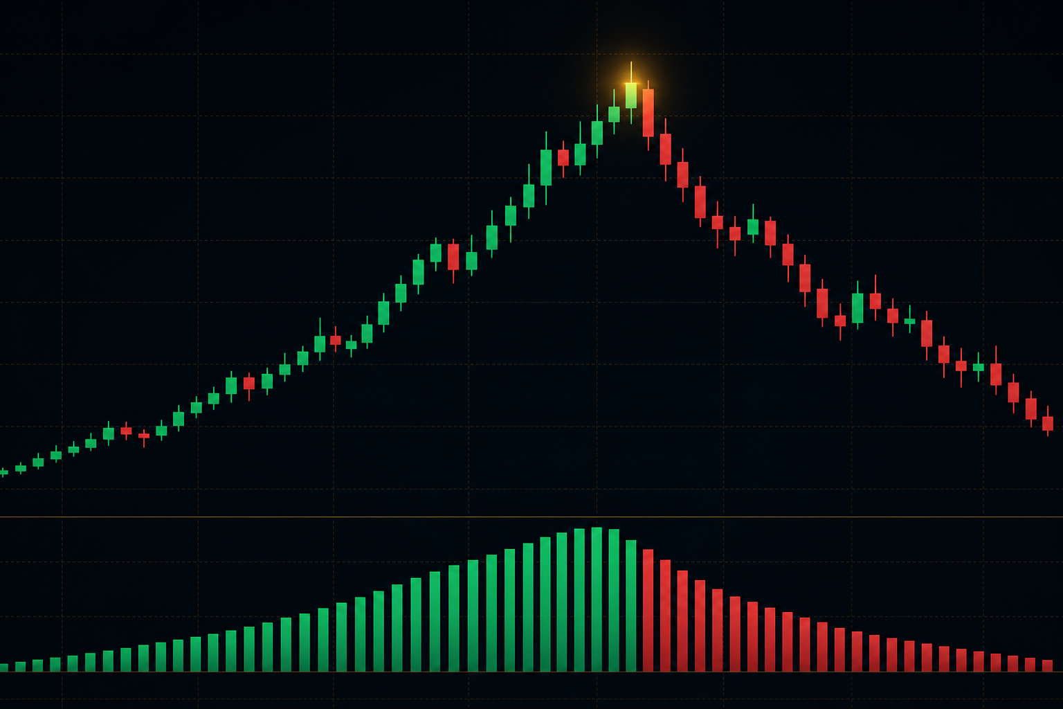 Price uptrend rolling over into a reversal at a highlighted pivot, with an open interest column histogram peaking and fading underneath