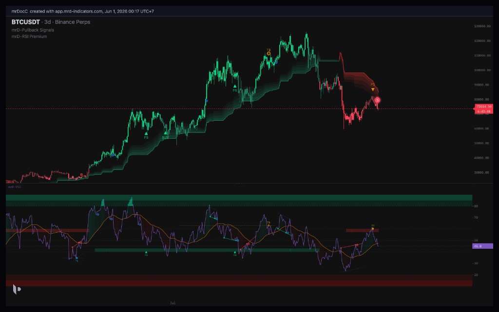 A market top where the RSI momentum peak occurs to the left of the price peak, with both peaks marked
