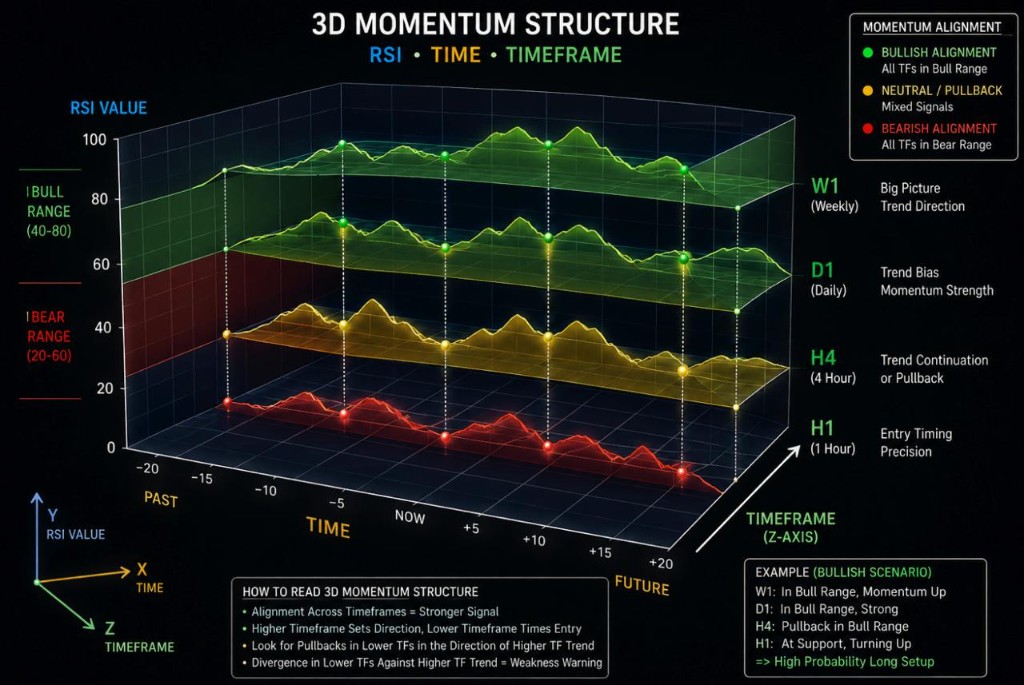 A 3D model of RSI momentum across timeframes — weekly, daily, 4-hour and 1-hour RSI surfaces stacked, with bull-range and bear-range zones and alignment markers