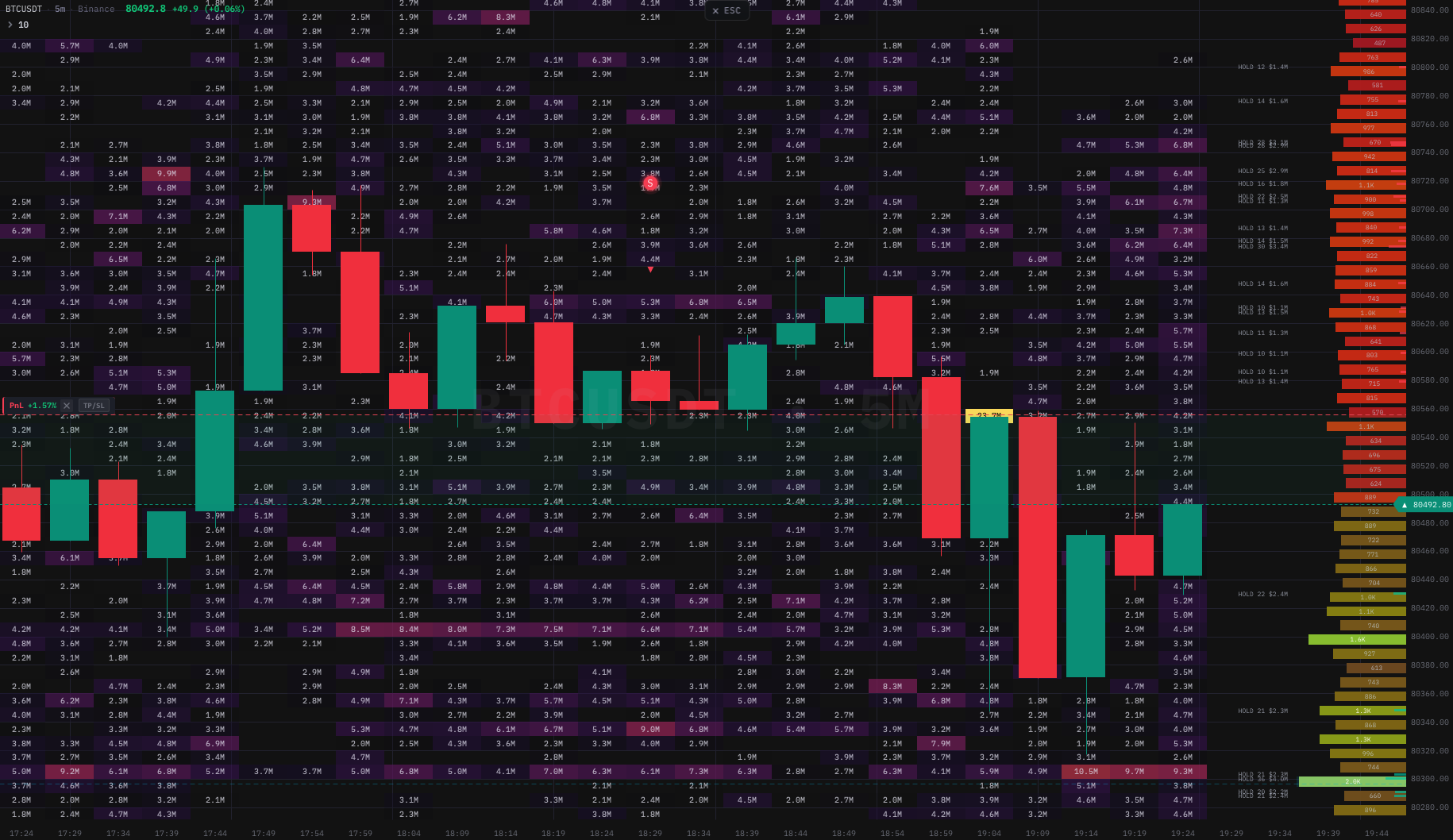 BTC/USDT chart with orderbook depth heatmap, footprint, liquidation overlay, and RSI