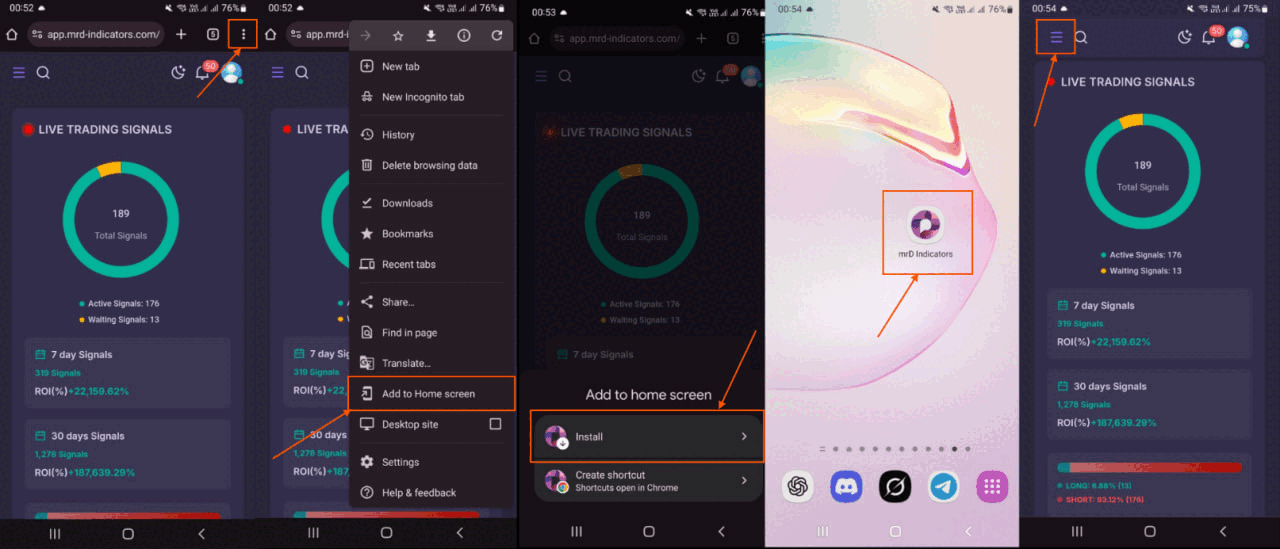 Android Chrome install prompt — three-dot menu open showing the Add to Home Screen / Install app action over the Tape Delta web app