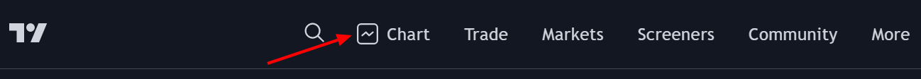 TradingView top navigation bar with a red arrow pointing to the Chart menu entry — the entry point to open a chartable view that can host invite-only studies