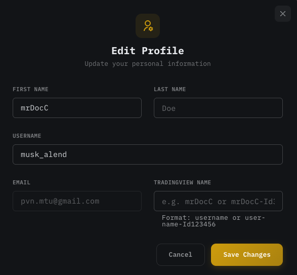 Tape Delta Edit Profile dialog showing First Name, Last Name, Username, Email and TRADINGVIEW NAME fields — the TradingView name accepts the bare username or the username-Id123456 long-form format