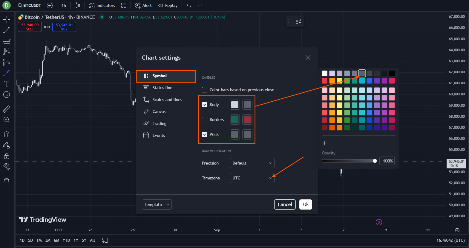 Symbol tab after retune — desaturated candle palette on Body / Borders / Wick, local timezone selected to align with trading session feel
