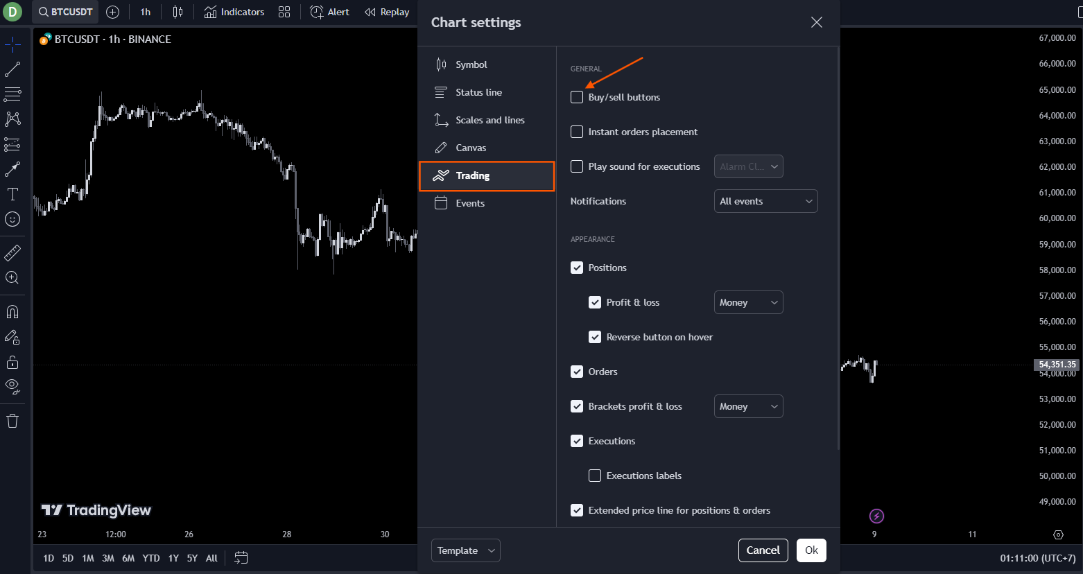 Trading tab with Buy/Sell buttons disabled — removes the click-to-trade floating pill from the chart so misclicks cannot fire an order