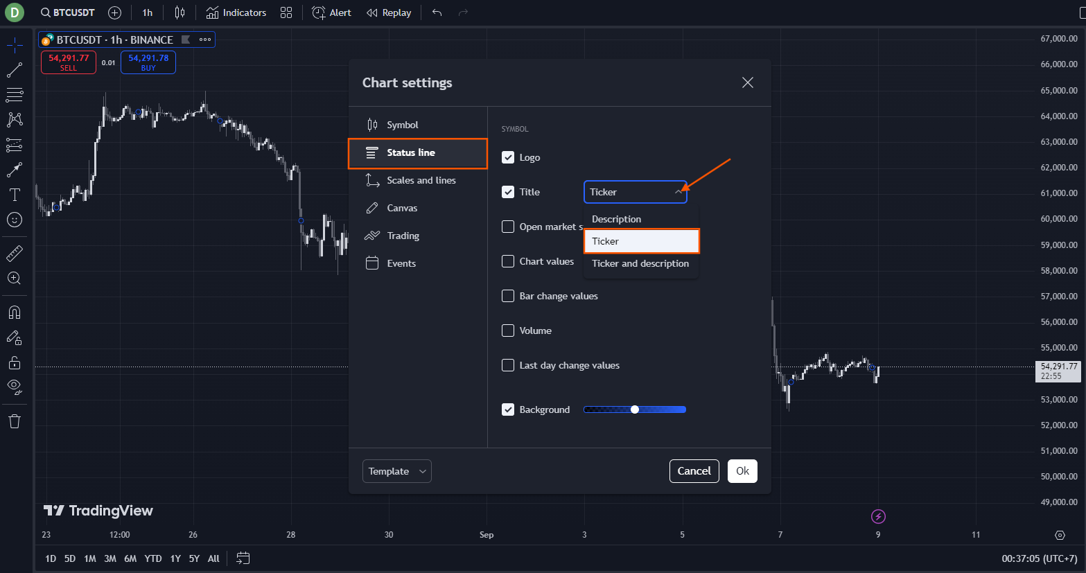 Status Line tab cleaned up — Ticker title mode, OHLC / bar change / open market status / barChange% unchecked, only the essentials remain