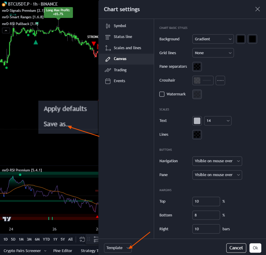 TradingView Save As layout dialog — naming the configured workspace as a reusable preset to instantly restore the same chrome, palette, drawing toolbar, and pane splits later