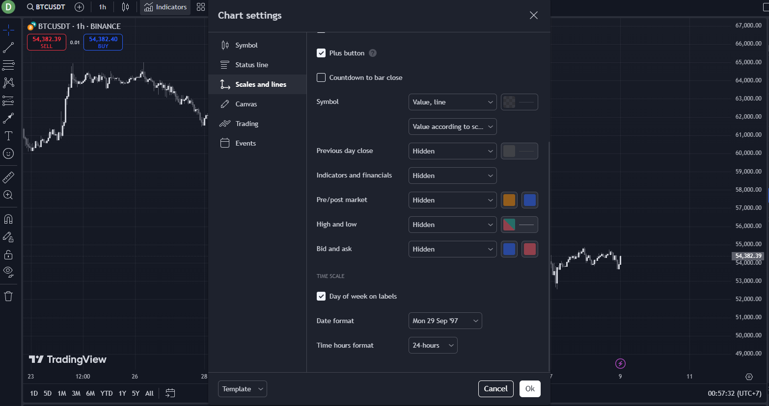 Scales and Lines tab — non-essential axis lines (bid/ask line, prev close line, high-low price line, etc.) switched to Hidden mode for a cleaner price scale
