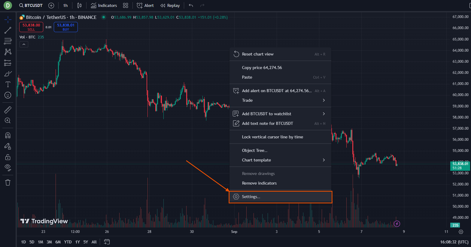 TradingView right-click context menu with Settings highlighted at the bottom — the entry point to retune the six chart-settings tabs