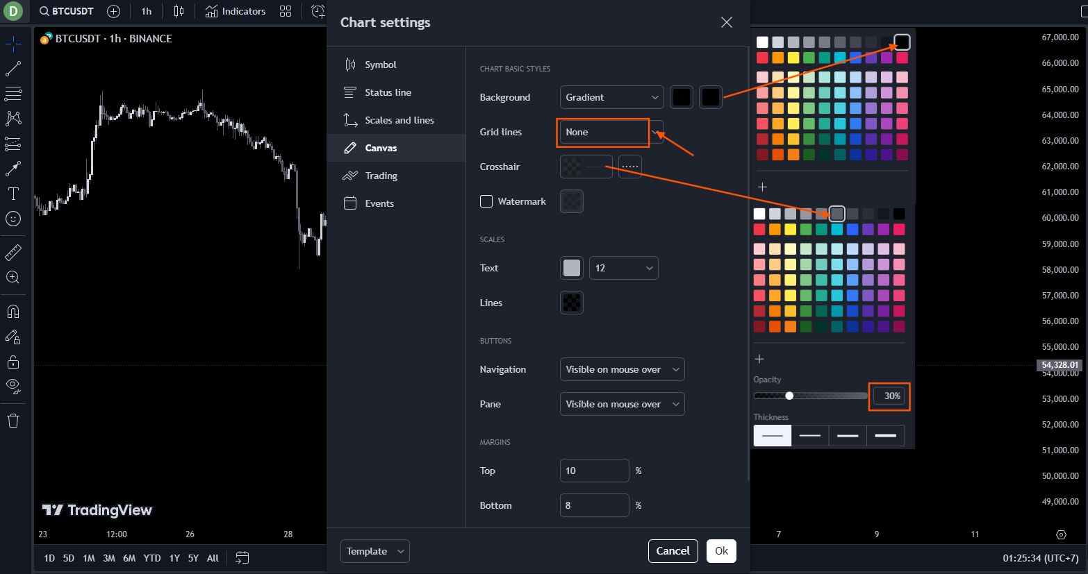 Canvas tab tuned — soft near-black background, grid lines set to None, watermark dimmed for a clean canvas under indicator overlays