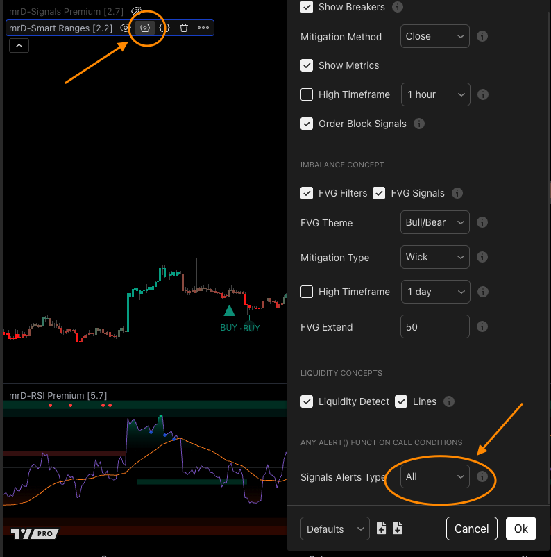 Alert configuration inside Smart Ranges — TradingView Create Alert dialog with Condition set to Smart Ranges, dropdown selecting Any alert() function call, frequency Once Per Bar Close, and notification options for push / email / webhook