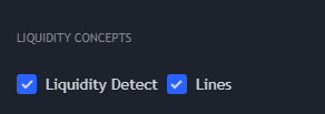 Liquidity Concept settings panel — Liquidity Detect toggle for the green sweep highlight, Lines toggle for the BSL / SSL horizontal lines