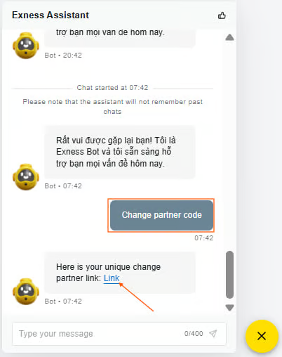 Partner-change request form with the Backcom referral link and reason filled in