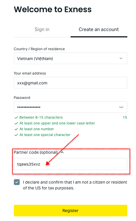Real account selection screen on Exness onboarding