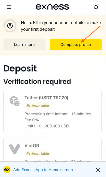 Exness wallet view after first deposit, showing trading account types and balance
