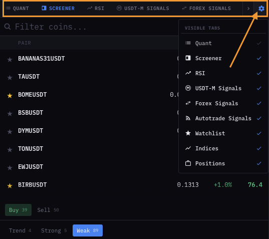 Symbol search dropdown with watchlist tabs